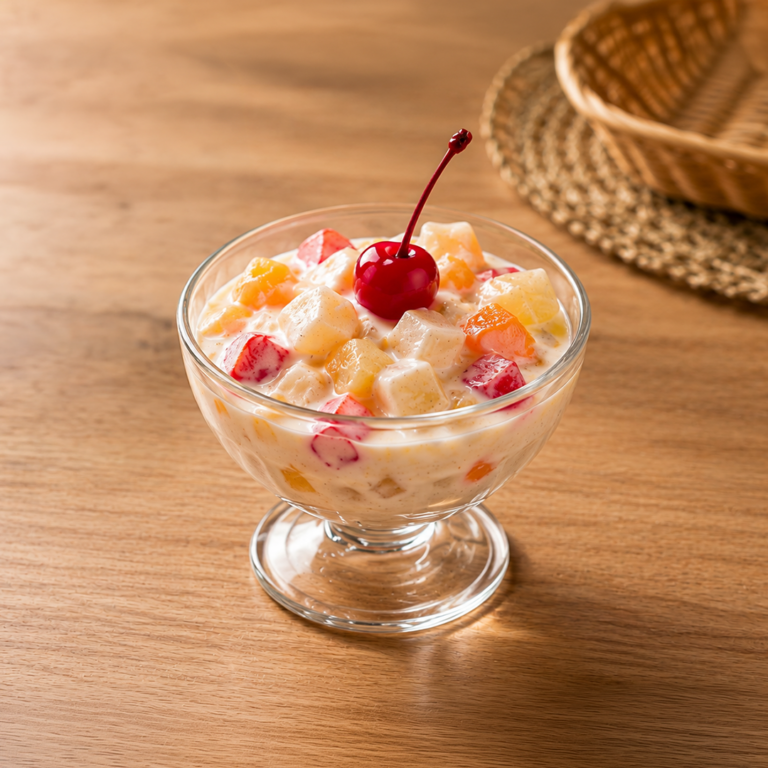 Creamy Fruit Salad with Cherry Garnish-4