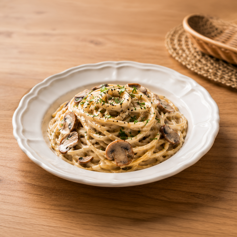 Creamy Mushroom Pasta on Rustic Table-3